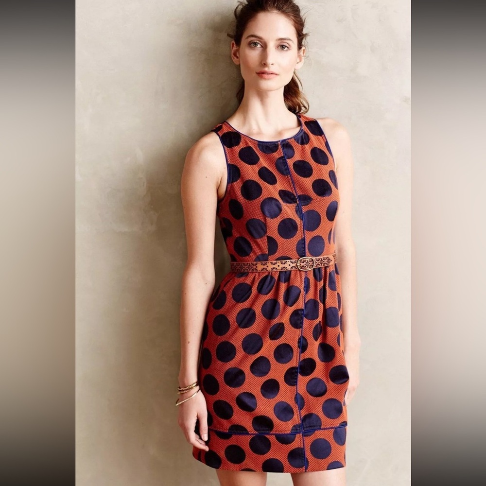 Maeve by Anthropologie Sleeveless Polka Dot Sheath dress, Orange/Black, size 8